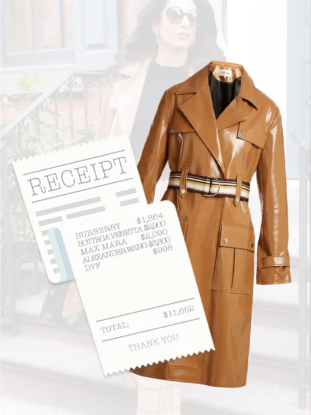 Diane Von Furstenberg Women's Tan Faux-Leather Trench Coat w/Striped Belt Sz. 0 - Picture 10 of 10